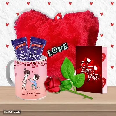 Midiron Gift Hamper |Romantic Gift for Wife/Girlfriend/Boyfriend/Husband |Valentines Day Gifts with Chocolate Bars, Heart Cushion, Printed Mug , Artificial Rose  Love Card