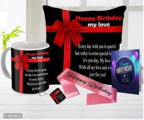 ME & YOU Birthday Gift for Wife, Love, Birthday Gift for Husband Special, Happy Birthday My Love Printed Cushion and Coffee Mug, Greeting Card and Sash (Size 12*12 Inch)-thumb0