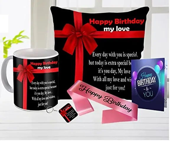 ME & YOU Birthday Gift for Wife, Love, Birthday Gift for Husband Special, Happy Birthday My Love Printed Cushion and Coffee Mug, Greeting Card and Sash (Size 12*12 Inch)