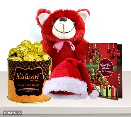 Midiron Beautiful Gift Combo for Christams, New Year|Lovely Gift Combo for Chirstmas|Handmade Chocolate Tin, Santa Claus Cap  Red Teddy with Xmas Greeting Card for Friends  Relative