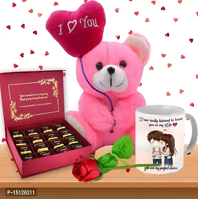 Midiron Valentines Gift For Wife/ Girlfriend | Anniversary Day Gift | Romantic Gift Hamper|Festive Gift With Handmade Chocolate, Soft Teddy, Printed Ceramic Mug  Artificial Rose