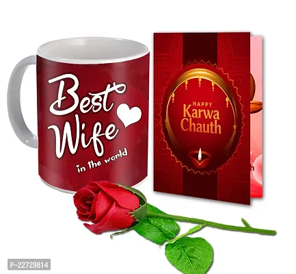 ME  YOU Happy Karwa Chauth Printed Mug with Greeting Card and Artificial Rose|Karwa Chauth Combo Gift Pack | Karwachauth Gift for Wife | Gift for Karwachauth| Unique Gift for Wife