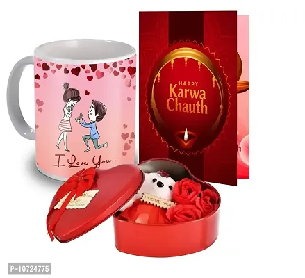 ME & YOU Karwa Chauth Present for Wife/Women/ Girlfriend | Karwachauth Gift Box with Artificial Rose & Teddy, Greeting Card, Printed Coffee Mug for Lovely Wife