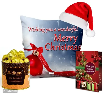 Midiron Lovely Gift Combo for Chirstmas|Xmas Party Hamper|Gift Combo for Christmas, New Year|Beautiful Xmas Gift Pack with Chocolate Tin Box,Santa Cap,Greeting Card  Printed Cushion