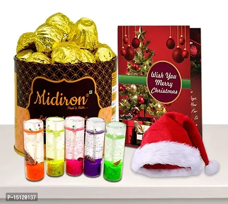 Midiron Gift Hamper for Christmas|Christmas  New Year Gift Combo|X-mas Chocolates Gift|Festive Hamper for New Year with Chocolate Tin, Gel Glass Candle with Santa Cap  X-mas Greeting Card