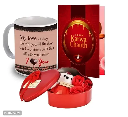 ME & YOU Karwa Chauth Gift Hamper for Wife/Women/ Girlfriend/ Special One | Karwachauth Gift Box with Artificial Rose & Teddy, Greeting Card, Printed Coffee Mug for Lovely Wife