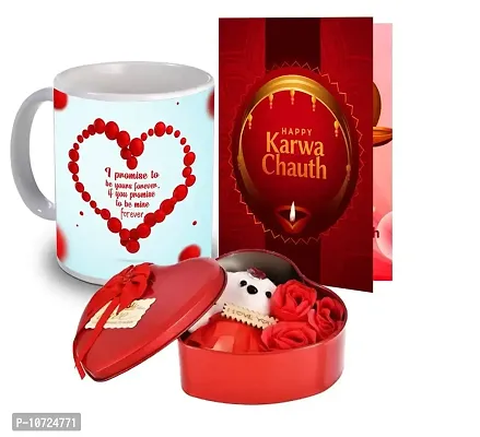 ME & YOU Beautiful Gift for Karwachauth, Stylish Gifts for Karwa Chauth, Printed Mug with Greeting Card & Heart Shape Teddy Gift Box with Artificial Rose for Wife/Men/Women