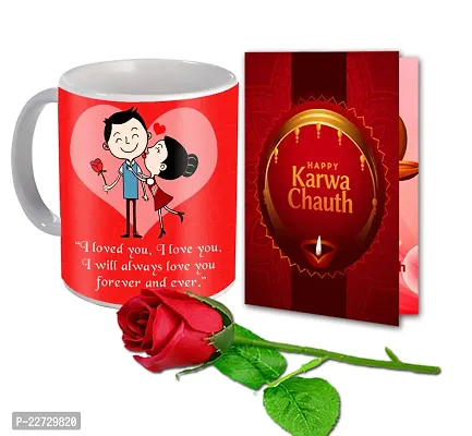 ME  YOU Karwa Chauth Gift Combo| Karva Chauth Gifts Set| Lovely Gift for Wife, Girlfriend, Women with Coffee Mug, Greeting Card  Artificial Rose-thumb0