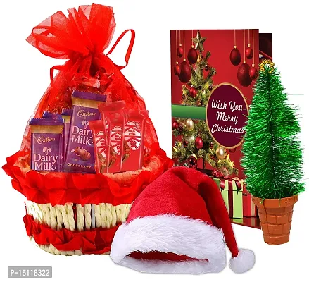 Midiron Beautiful Gift Combo for Christams, New Year|Lovely Gift Combo for Chirstmas|Handmade Chocolate Gift Basket with Chocolate Bars, Santa Claus Cap, Miniature X-mas Tree  Greeting Card