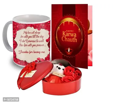 ME & YOU Unique Karva Chauth Gift Set for Wife, Girlfriend, Special One | Greeting Card, Printed Ceramic Coffee Mug, Tin Box with Teddy & Rose | Karwa Chauth Special Gifts | Romantic Love Gift Pack