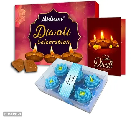 Midiron Special Deepawali Handmade Chocolate Gift Hamper | Diwali Gifts Pack Combo with Chocolate Box, Diwali Greeting Card  Rose Shape Wax Candle (Blue)