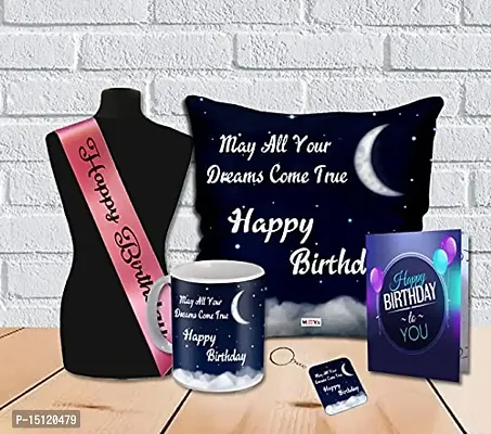 ME  YOU Birthday Gift | Birthday Gift for Girls | Gift for Birthday | Birthday Gift of Printed Cushion with Printed Ceramic Coffee Mug, Greeting Card and Birthday Sash  Keychain