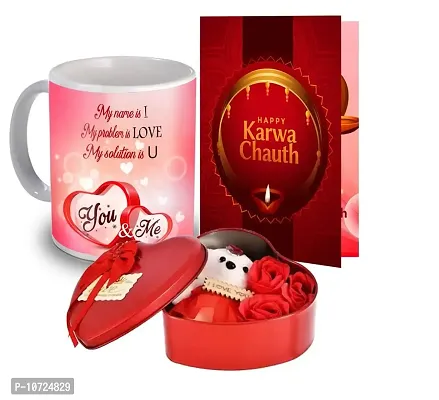 ME & YOU Gift for Karwachauth | Greeting Card with Happy Karwa Chauth, Printed Coffee Mug, Heart Shape Gift Box with Teddy and Scented Rose Flowers |Karwachauth Gifts for Wife, Ladies, Bhabhi