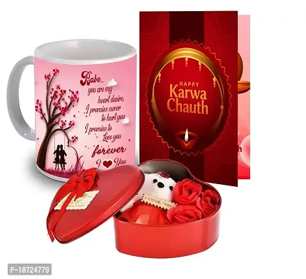 ME & YOU Happy Karwa Chauth Printed Mug with Greeting Card, Tin Box with Artificial Rose & Teddy, Combo Gift Pack | Karwachauth Gift for Wife Gift for Karwachauth, Gift Hamper for Wife