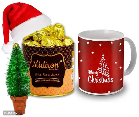 Midiron Lovely Gift Hamper for Christmas|Xmas Gift Combo|Christmas gift pack|Festive Hamper for New Year|Xmas Combo-Handmade Chocolate Tin Box,Santa Cap,Xmas Tree  Printed Coffee Mug