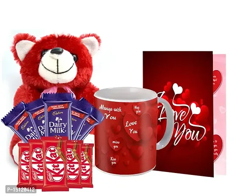 Midiron Romantic Gift Combo |Valentines Gift For Wife/Girlfriend/Boyfriend/Husband| Lovely Anniversary Chocolate Gift with Printed Ceramic Coffee Mug , Red Teddy  Love Greeting Card