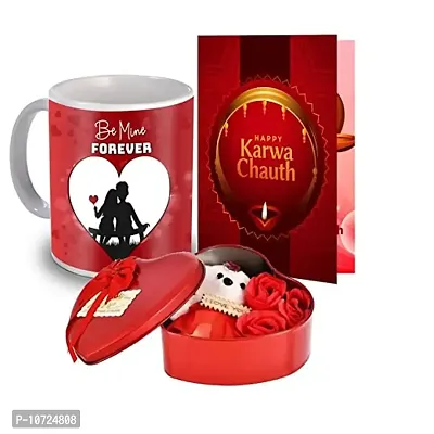 ME & YOU Happy Karwa Chauth Printed Mug with Greeting Card, Tin Box with Artificial Rose & Teddy, Combo Gift Pack | Karwachauth Gift for Wife Gift for Karwachauth, Gift Hamper for Wife