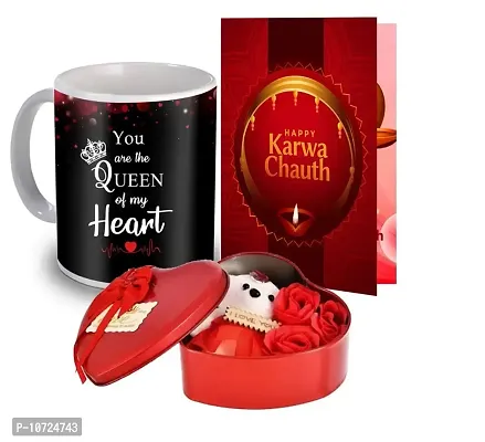 ME & YOU Gift for Karwachauth | Greeting Card with Happy Karwa Chauth, Printed Coffee Mug, Heart Shape Gift Box with Teddy and Scented Rose Flowers |Karwachauth Gifts for Wife, Ladies, Bhabhi