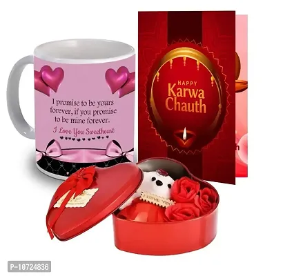 ME & YOU Gift for Karwachauth | Greeting Card with Happy Karwa Chauth, Printed Coffee Mug, Heart Shape Gift Box with Teddy and Scented Rose Flowers |Karwachauth Gifts for Wife, Ladies, Bhabhi