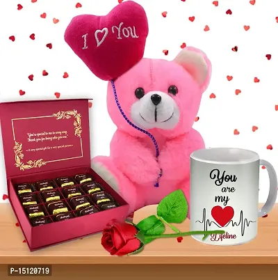 Midiron Beautiful Combo Gift For Wife/Women/ Girlfriend|Romantic Gift Hamper| Valentines Gift|Anniversary Hamper With Handmade Chocolates, Soft Teddy, Printed Ceramic Mug  Artificial Rose