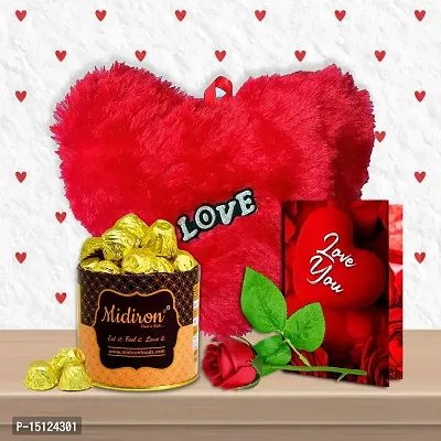 Midiron Love Combo Romantic Gift Hamper |Valentines Gift for Girlfriend/Boyfriend| Birthday Romantic Gift with Chocolate Tin Box, Heart Red Cushion, Artificial Red Rose  Love Greeting Card-thumb0