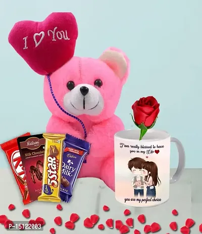 Midiron Love Romantic Combo | Valentines Hamper Gift For Wife/Girlfriend/Boyfriend/Husband| Lovely Chocolate Love Gift with Soft Teddy, Printed Ceramic Coffee Mug  Artificial Red Rose