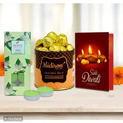 Midiron Diwali Chocolate Tin Box Gift| Combo Diwali Gift|Festival Hamper-Chocolate Tin Box, Shubh Deepawali Greeting Card  Tealight Jasmine Fragrance Candle