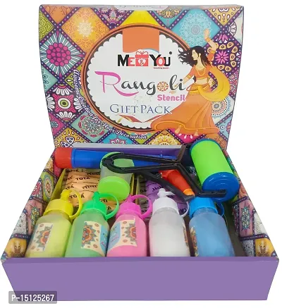ME  YOU Set of 5 Rangoli Colour Powder with All Stencils | Plastic Squeeze Bottles, Rangoli Powder Tool Kit | Rangoli Gift Pack with Stencils for Diwali