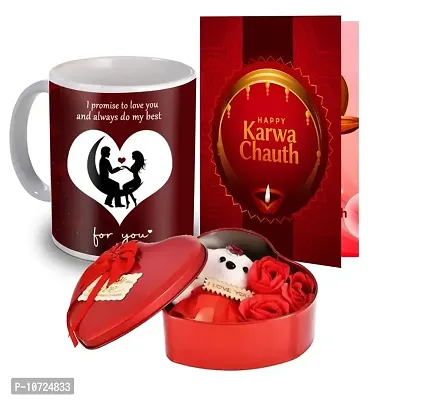 ME & YOU Unique Karva Chauth Gift Set for Wife, Girlfriend, Special One | Greeting Card, Printed Ceramic Coffee Mug, Tin Box with Teddy & Rose | Karwa Chauth Romantic Love Gift Pack