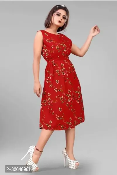 Stylish Floral Print Red Crepe Dress-thumb0