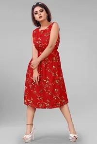 Stylish Floral Print Red Crepe Dress-thumb1