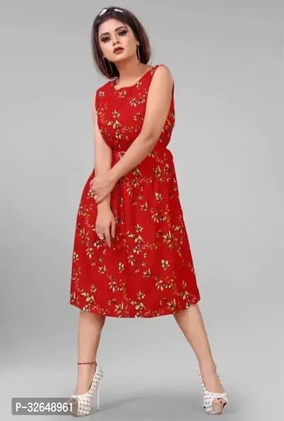 Stylish Floral Print Red Crepe Dress-thumb2