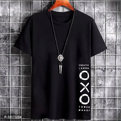 Stylish Cotton Blend Black Printed Round Neck Tees For Men-thumb0