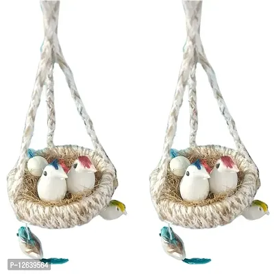 Fabellic Artificial Jute Hanging Birds with Hanging Nest Jhumar Showpiece Chidiyan Ka Ghosla for Home D&eacute;cor