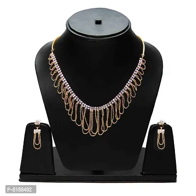 ESHOPITUDE Stylish Traditional CZ American Diamond Gold Plated Beads String Necklace Set & Earrings Set for Women-thumb3