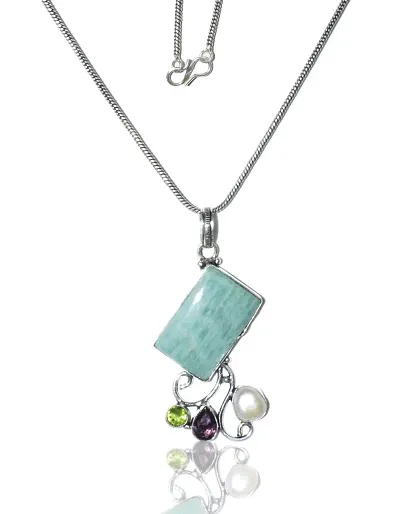 Eshopitude Aveanturiane/Pearl/Amethyst/paridot Gemstone Silver Plated Necklace Pendants