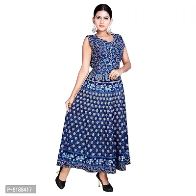 Eshopitude women summer cotton Jaipuri blue long dress size L 42  XL 44 inch bust size-thumb4