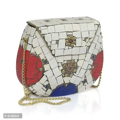 Eshopitude Gift Item Chipped Stone Metal Clutch Red,White,Blue Onyx Gemstone With Shoulder Chain Brass Women's & Girl's Handbag/Clutch/Purse Pouch-thumb2