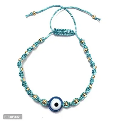 Eshopitude 10 mm Sky Blue Evil Eye Buri Nazar protection Lucky Twisted Sky Blue Macrame Thread Weaving With Brass beads Adjustable Size Bracelet For Men And Women-thumb0