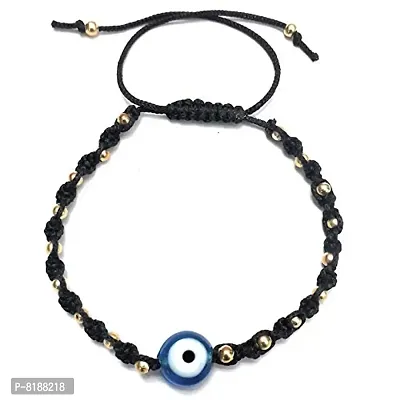 Eshopitude 10 mm Sky Blue Evil Eye Buri Nazar protection Lucky Twisted Black Macrame Thread Weaving With Brass beads Adjustable Size Bracelet For Men And Women-thumb0