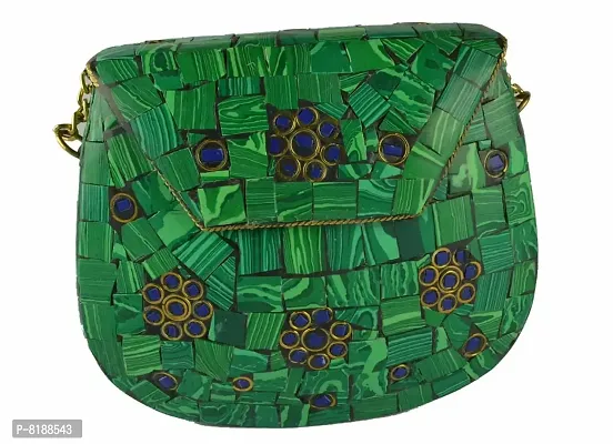 Eshopitude Gift Item Chipped Stone Metal Clutch Green (Malachite) Onyx Gemstone With Shoulder Chain Brass Women's & Girl's Handbag/Clutch/Purse Pouch-thumb3