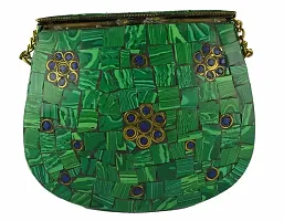 Eshopitude Gift Item Chipped Stone Metal Clutch Green (Malachite) Onyx Gemstone With Shoulder Chain Brass Women's & Girl's Handbag/Clutch/Purse Pouch-thumb1