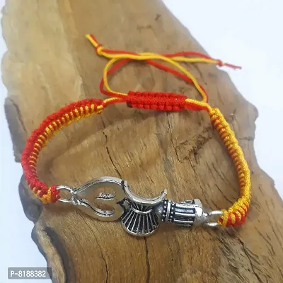 Eshopitude Brass Lord Shiva's Trishul And Damru Rakhi Bracelet For Men (red Yellow)-thumb2