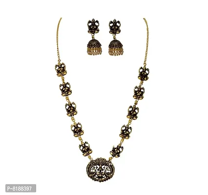 ESHOPITUDE Temple Designer Long Gold Plated Necklace & Earrings Set for Women-thumb0