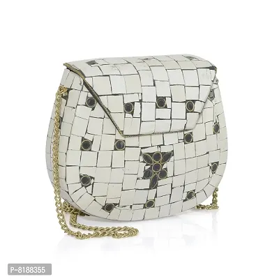 Eshopitude Gift Item Chipped Stone Metal Clutch White  Black Onyx Gemstone With Shoulder Chain Brass Women's  Girl's Handbag/Clutch/Purse Pouch (WHITE  BLACK)