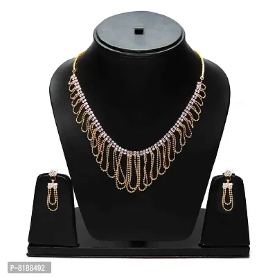 ESHOPITUDE Stylish Traditional CZ American Diamond Gold Plated Beads String Necklace Set & Earrings Set for Women-thumb0