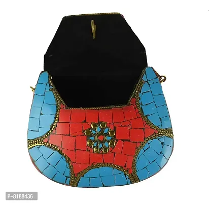 Eshopitude Gift Item Chipped Stone Metal Clutch Red & Blue Onyx Gemstone With Shoulder Chain Brass Women's & Girl's Handbag/Clutch/Purse Pouch (RED & BLUE)-thumb4