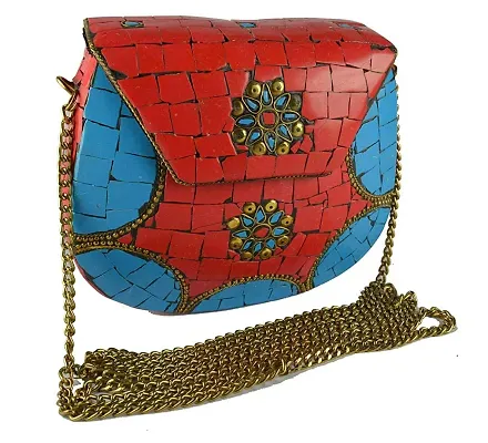 Eshopitude Gift Item Chipped Stone Metal Clutch Red & Blue Onyx Gemstone With Shoulder Chain Brass Women's & Girl's Handbag/Clutch/Purse Pouch (RED & BLUE)