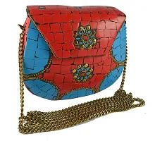 Eshopitude Gift Item Chipped Stone Metal Clutch Red & Blue Onyx Gemstone With Shoulder Chain Brass Women's & Girl's Handbag/Clutch/Purse Pouch (RED & BLUE)-thumb4