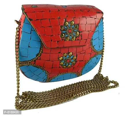 Eshopitude Gift Item Chipped Stone Metal Clutch Red & Blue Onyx Gemstone With Shoulder Chain Brass Women's & Girl's Handbag/Clutch/Purse Pouch (RED & BLUE)-thumb5